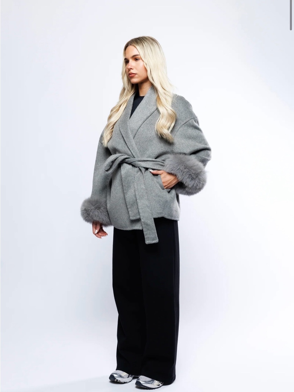 Wool Gray REAL -Fur Trim Wrap Coat with Belt ๐ค๐๐ - Picture 4 of 16